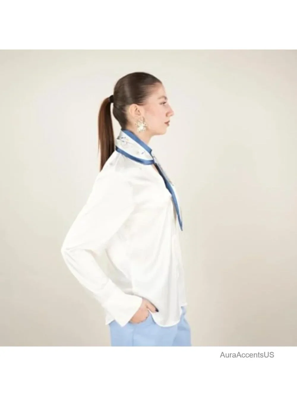 Skinny Silk Scarf for Women, Satin Narrow Long Neckerchief, Easy Pull Through